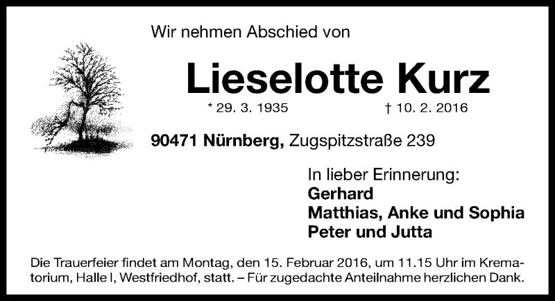  Traueranzeige für Lieselotte Kurz vom 13.02.2016 aus Gesamtausgabe Nürnberger Nachrichten/ Nürnberger Ztg.