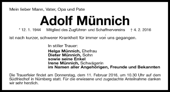 Traueranzeige von Adolf Münnich von Gesamtausgabe Nürnberger Nachrichten/ Nürnberger Ztg.