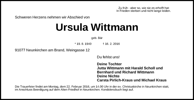  Traueranzeige für Ursula Wittmann vom 19.02.2016 aus Gesamtausgabe Nürnberger Nachrichten/ Nürnberger Ztg.