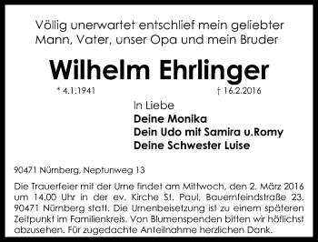 Traueranzeige von Wilhelm Ehrlinger von Gesamtausgabe Nürnberger Nachrichten/ Nürnberger Ztg.