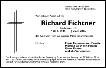 Traueranzeige von Richard Fichtner von Altmühl-Bote Lokal