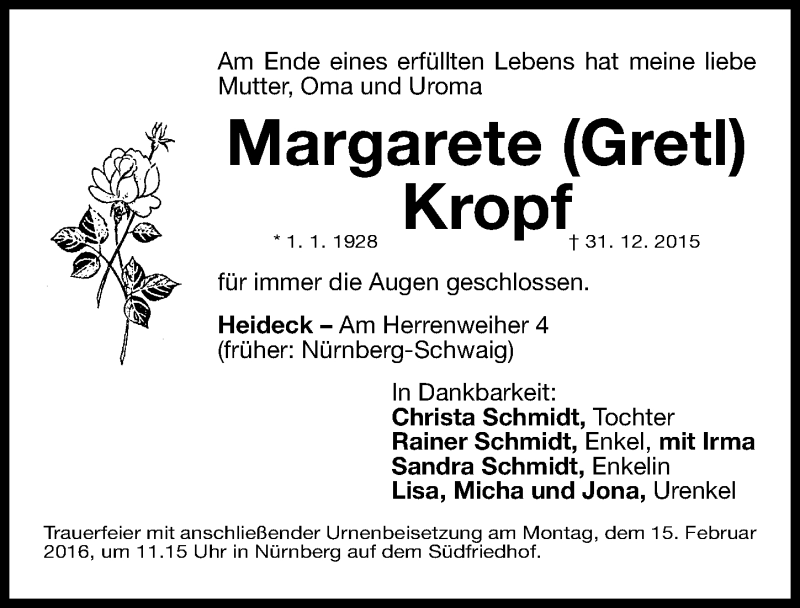  Traueranzeige für Margarete Kropf vom 06.02.2016 aus Gesamtausgabe Nürnberger Nachrichten/ Nürnberger Ztg.
