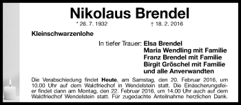 Traueranzeige von Nikolaus Brendel von Gesamtausgabe Nürnberger Nachrichten/ Nürnberger Ztg.