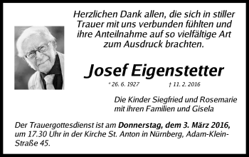 Traueranzeige von Josef  Eigenstetter von Gesamtausgabe Nürnberger Nachrichten/ Nürnberger Ztg.