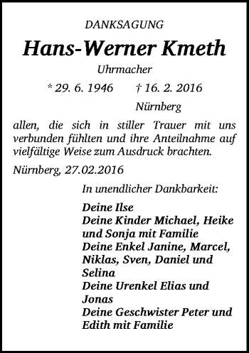 Traueranzeige von Hans-Werner Kmeth von Gesamtausgabe Nürnberger Nachrichten/ Nürnberger Ztg.