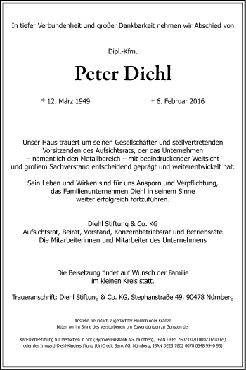 Traueranzeige von Peter Diehl von Gesamtausgabe Nürnberger Nachrichten/ Nürnberger Ztg.