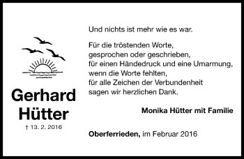 Traueranzeige von Gerhard Hütter von Gesamtausgabe Nürnberger Nachrichten/ Nürnberger Ztg.