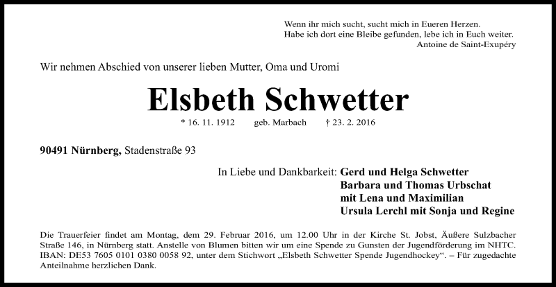  Traueranzeige für Elsbeth Schwetter vom 26.02.2016 aus Gesamtausgabe Nürnberger Nachrichten/ Nürnberger Ztg.