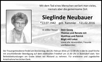 Traueranzeige von Sieglinde Neubauer von Erlanger Nachrichten Lokal