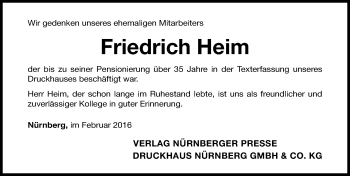 Traueranzeige von Friedrich Heim von Gesamtausgabe Nürnberger Nachrichten/ Nürnberger Ztg.