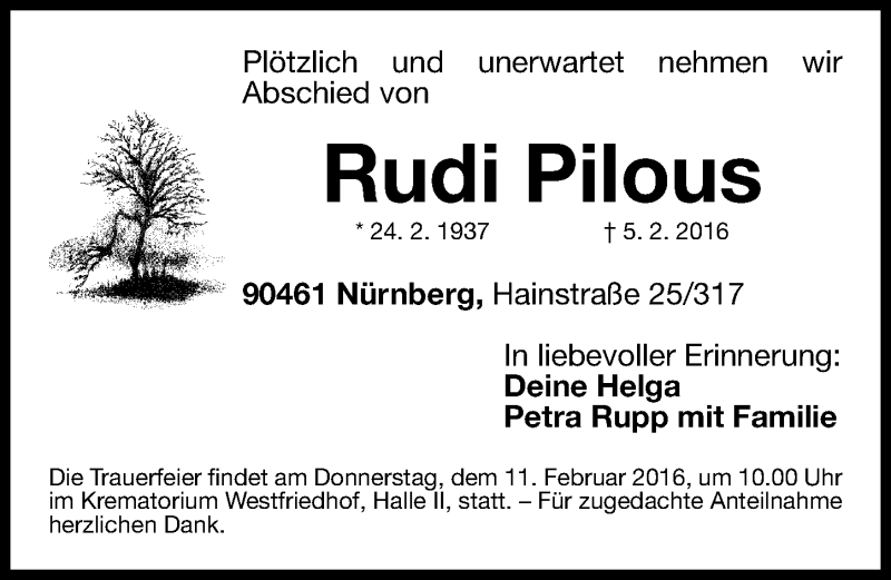  Traueranzeige für Rudi Pilous vom 10.02.2016 aus Gesamtausgabe Nürnberger Nachrichten/ Nürnberger Ztg.