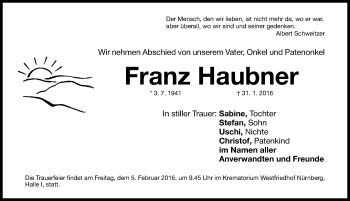 Traueranzeige von Franz Haubner von Gesamtausgabe Nürnberger Nachrichten/ Nürnberger Ztg.