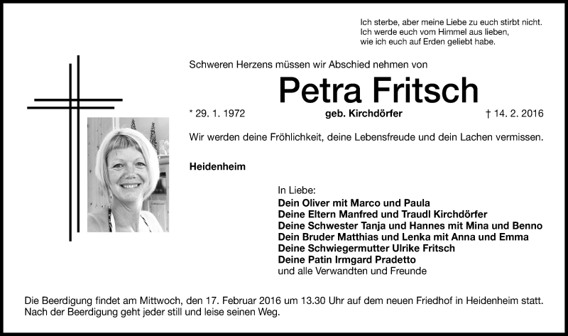  Traueranzeige für Petra Fritsch vom 16.02.2016 aus Altmühl-Bote Lokal