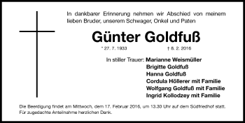 Traueranzeige von Günter Goldfuß von Gesamtausgabe Nürnberger Nachrichten/ Nürnberger Ztg.