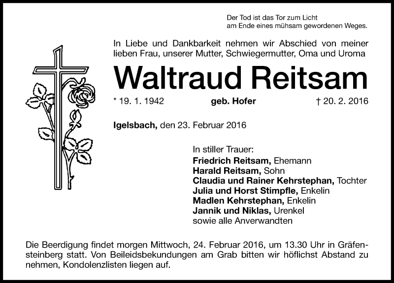  Traueranzeige für Waltraud Reitsam vom 23.02.2016 aus Altmühl-Bote Lokal