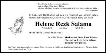 Traueranzeige von Helene Rezk Salama von Fürther Nachrichten Lokal