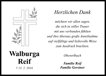 Traueranzeige von Walburga Reif von Altmühl-Bote Lokal