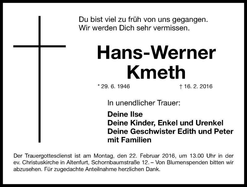  Traueranzeige für Hans-Werner Kmeth vom 19.02.2016 aus Gesamtausgabe Nürnberger Nachrichten/ Nürnberger Ztg.