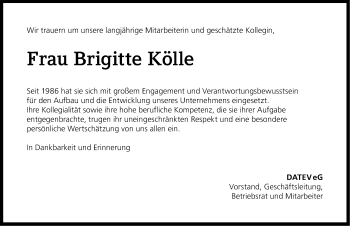 Traueranzeige von Brigitte Kölle von Gesamtausgabe Nürnberger Nachrichten/ Nürnberger Ztg.