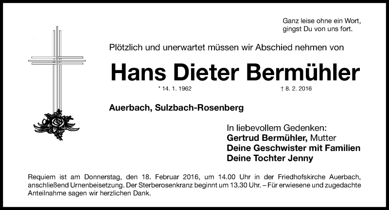  Traueranzeige für Hans Dieter Bermühler vom 13.02.2016 aus Nordbayerische Nachrichten Pegnitz Lokal