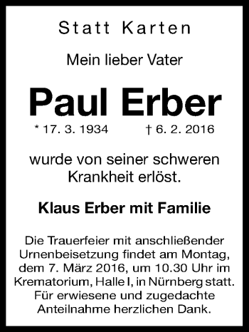 Traueranzeige von Paul Erber von Gesamtausgabe Nürnberger Nachrichten/ Nürnberger Ztg.