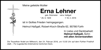 Traueranzeige von Erna Lehner von Fürther Nachrichten Lokal