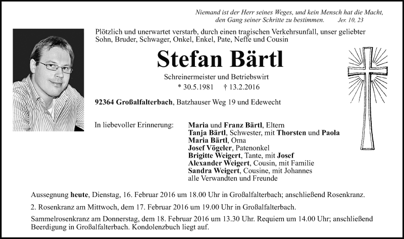  Traueranzeige für Stefan Bärtl vom 16.02.2016 aus Neumarkter Nachrichten Lokal