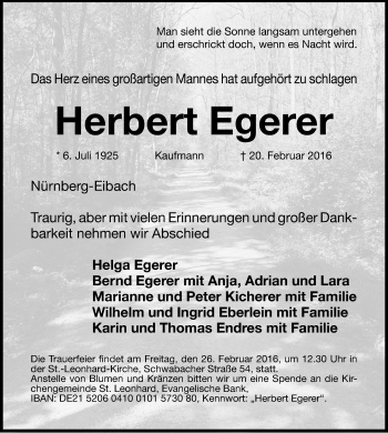 Traueranzeige von Herbert Egerer von Gesamtausgabe Nürnberger Nachrichten/ Nürnberger Ztg.