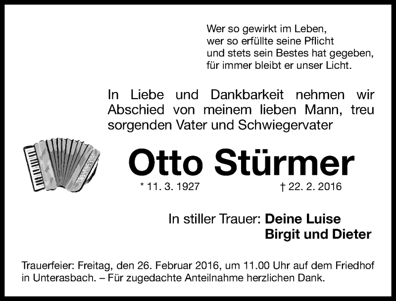  Traueranzeige für Otto Stürmer vom 24.02.2016 aus Fürther Nachrichten Lokal