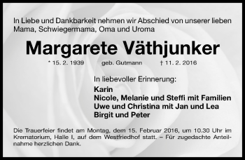 Traueranzeige von Margarete Väthjunker von Gesamtausgabe Nürnberger Nachrichten/ Nürnberger Ztg.
