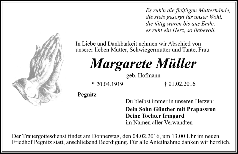  Traueranzeige für Margarete Müller vom 03.02.2016 aus Nordbayerische Nachrichten Pegnitz Lokal