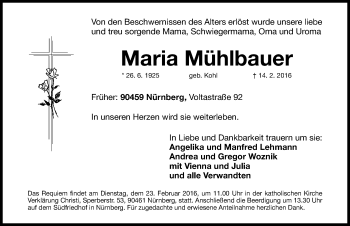 Traueranzeige von Maria Mühlbauer von Gesamtausgabe Nürnberger Nachrichten/ Nürnberger Ztg.
