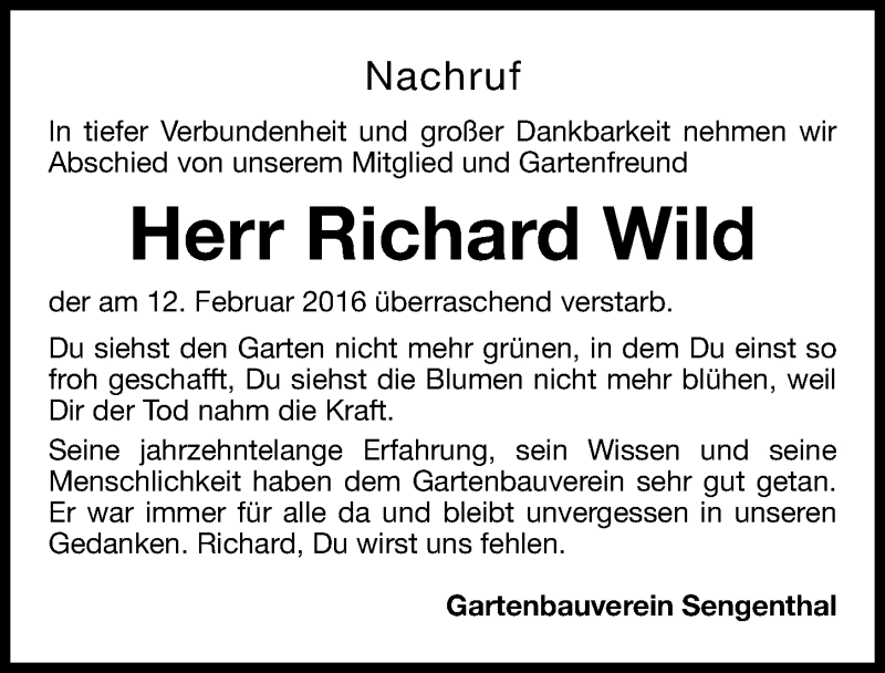  Traueranzeige für Richard Wild vom 22.02.2016 aus Neumarkter Nachrichten Lokal