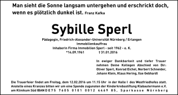 Traueranzeige von Sybille Sperl von Gesamtausgabe Nürnberger Nachrichten/ Nürnberger Ztg.