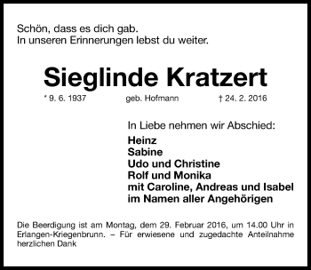 Traueranzeige von Sieglinde Kratzert von Erlanger Nachrichten Lokal