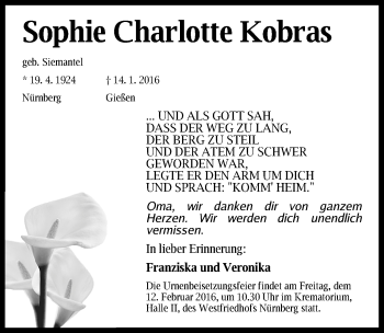 Traueranzeige von Sophie Charlotte Kobras von Gesamtausgabe Nürnberger Nachrichten/ Nürnberger Ztg.
