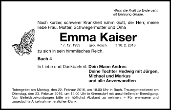 Traueranzeige von Emma Kaiser von Nordbayerische Nachrichten Herzogenaurach Lokal