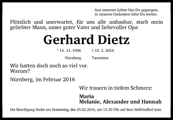 Traueranzeige von Gerhard Dietz von Gesamtausgabe Nürnberger Nachrichten/ Nürnberger Ztg.