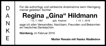 Traueranzeige von Regina Hildmann von Gesamtausgabe Nürnberger Nachrichten/ Nürnberger Ztg.