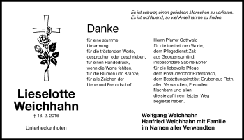Traueranzeige von Lieselotte Weichhahn von Roth-Hilpoltsteiner Volkszeitung Lokal