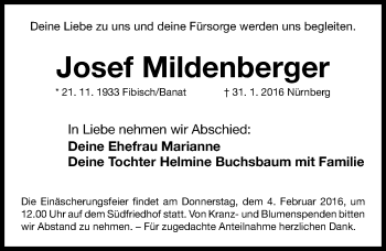 Traueranzeige von Josef Mildenberger von Gesamtausgabe Nürnberger Nachrichten/ Nürnberger Ztg.