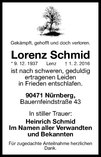 Traueranzeige von Lorenz Schmid von Gesamtausgabe Nürnberger Nachrichten/ Nürnberger Ztg.