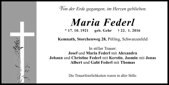 Traueranzeige von Maria Federl von Neumarkter Nachrichten Lokal