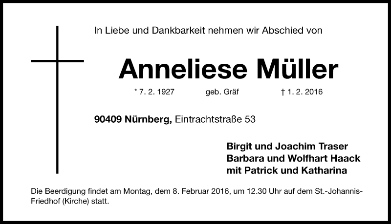 Traueranzeige für Anneliese Müller vom 03.02.2016 aus Gesamtausgabe Nürnberger Nachrichten/ Nürnberger Ztg.
