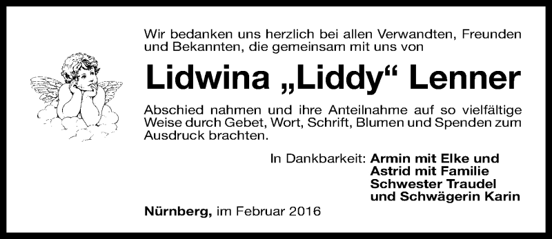  Traueranzeige für Lidwina  Lenner vom 27.02.2016 aus Gesamtausgabe Nürnberger Nachrichten/ Nürnberger Ztg.