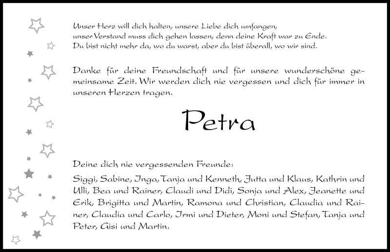  Traueranzeige für Petra Fritsch vom 16.02.2016 aus Altmühl-Bote Lokal