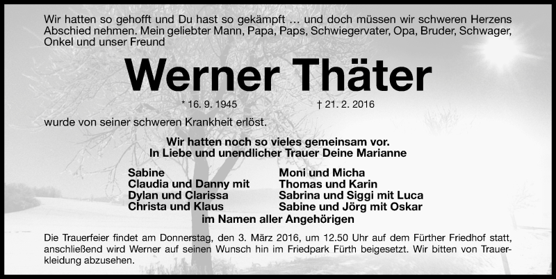  Traueranzeige für Werner Thäter vom 27.02.2016 aus Fürther Nachrichten Lokal