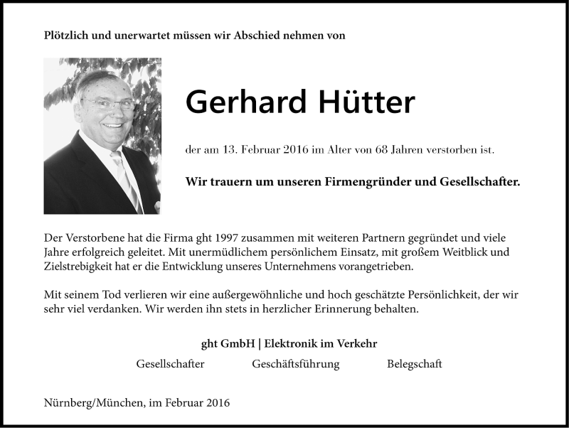  Traueranzeige für Gerhard Hütter vom 17.02.2016 aus Gesamtausgabe Nürnberger Nachrichten/ Nürnberger Ztg.