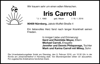 Traueranzeige von Iris Carroll von Gesamtausgabe Nürnberger Nachrichten/ Nürnberger Ztg.