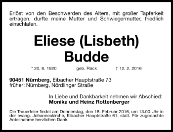 Traueranzeige von Eliese Budde von Gesamtausgabe Nürnberger Nachrichten/ Nürnberger Ztg.